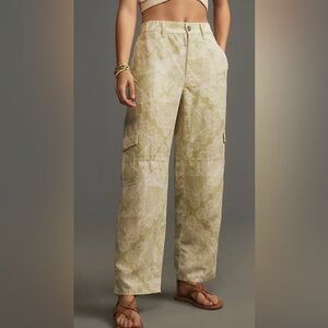Anthropologie Pilcro Linen Blend Beach Cargo Pants Green Cream XL